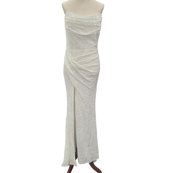 NWT White Strapless Sequin Evening Gown with Corset Back on Velvet Fabric - Picture 1 of 16